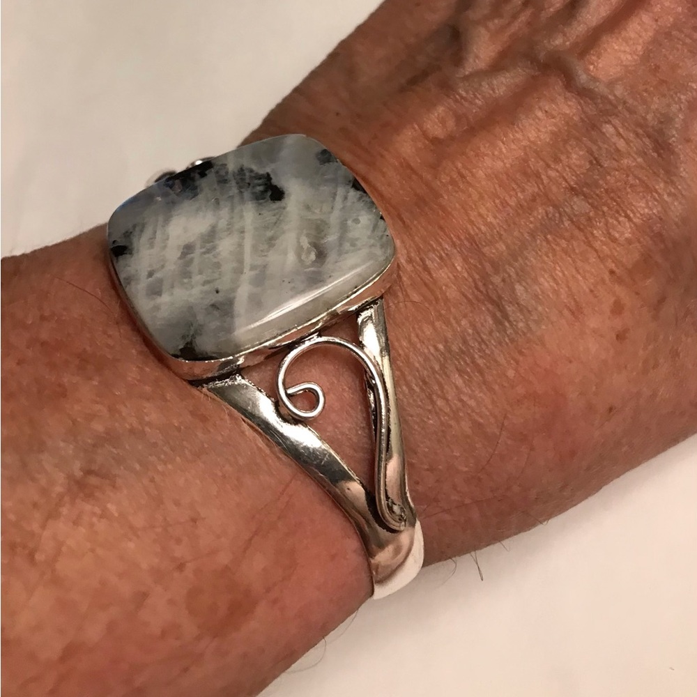 Rainbow Fire Moonstone Stamped 925 Sterling Silver Cuff Bracelet